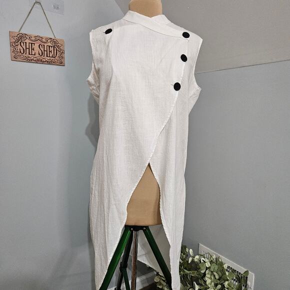 Sleeveless White Swim Coverup Tunic Dress Black Button Accents Crossover Neck - Picture 3 of 12